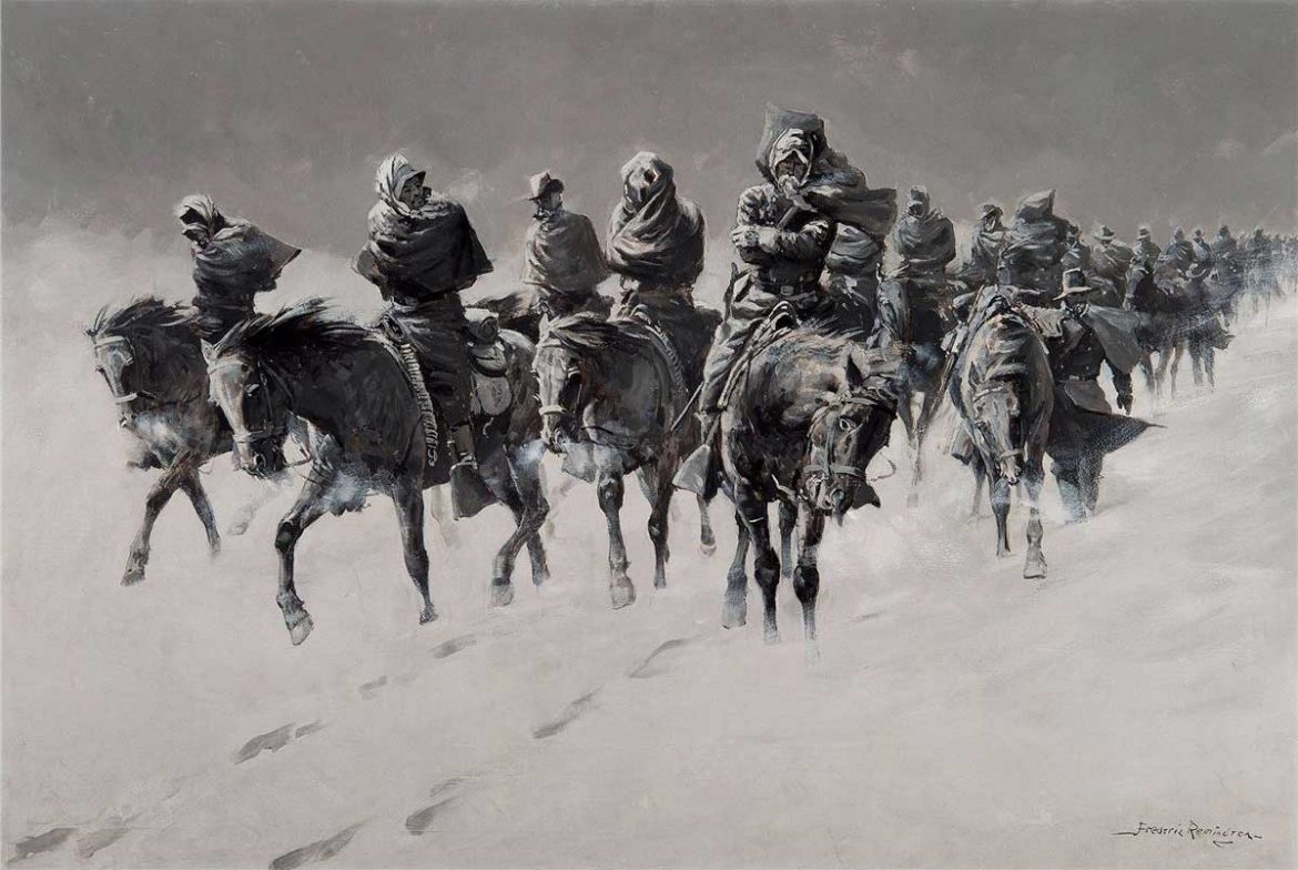 black and white painting of many horses and riders in a snowstorm
