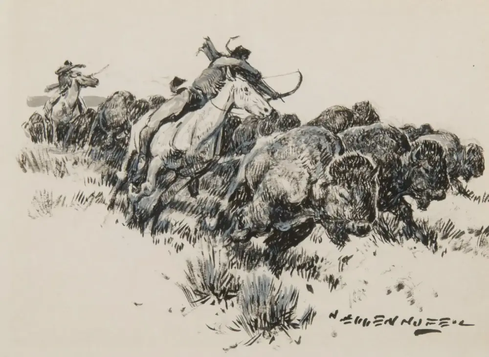Ink sketch showing riders on horseback urging a pushing herd of bison across a grassy plain; signature visible bottom-right.