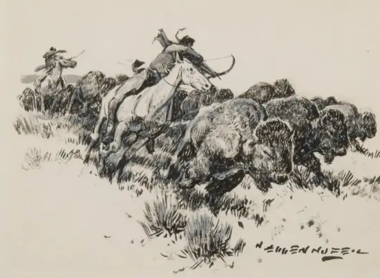 Ink sketch showing riders on horseback urging a pushing herd of bison across a grassy plain; signature visible bottom-right.