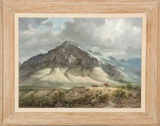 Mountain landscape with rugged peaks under a cloudy sky; two riders on horseback on a dirt trail in the foreground.