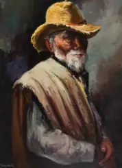 Portrait of an elderly man with a straw hat and white beard, looking over his shoulder against a dark, painterly background.