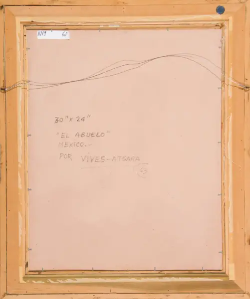 Back of a 30 x 24 inch painting, titled 'El Abuelo' from Mexico, with hanging wire and a beige backing.