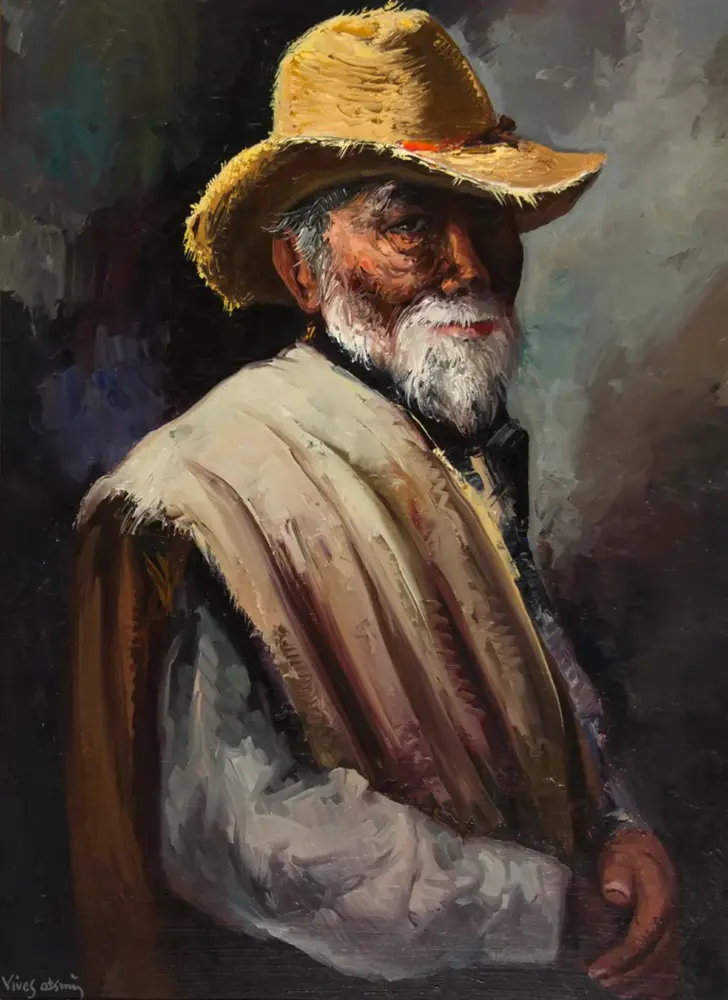 Portrait of an elderly man with a straw hat and white beard, looking over his shoulder against a dark, painterly background.