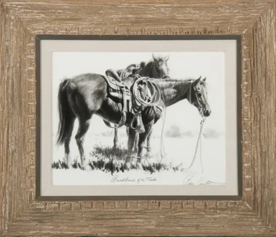 Framed black-and-white drawing of two saddled horses standing in a field with lassos on their backshoes.