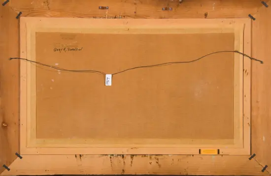 Back of a stretched canvas on a wooden frame with a twisted hanging wire across the back.