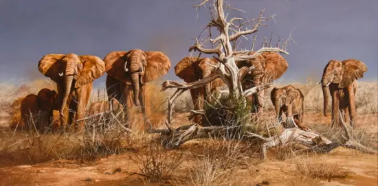 Herd of African elephants gathered around a large, bare tree in a dry savannah landscape at dusk or dawn light.