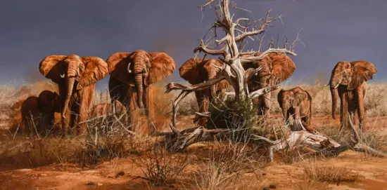 Herd of African elephants gathered around a gnarled, leafless tree in a dry savannah under a cloudy sky.