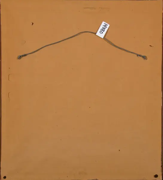 Back of a picture frame showing the hanging wire across the top and a white tag with the number 14360 attached.