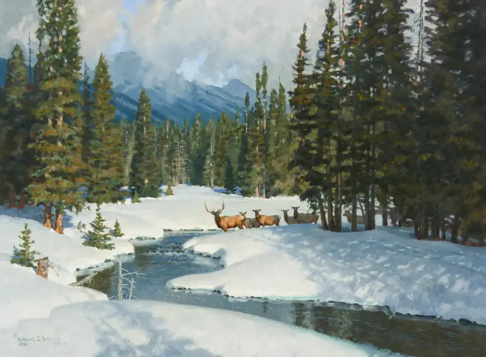 Winter forest painting showing a small herd of deer by a flowing, partially frozen creek among snow and evergreen trees.