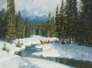 Winter forest painting showing a small herd of deer by a flowing, partially frozen creek among snow and evergreen trees.