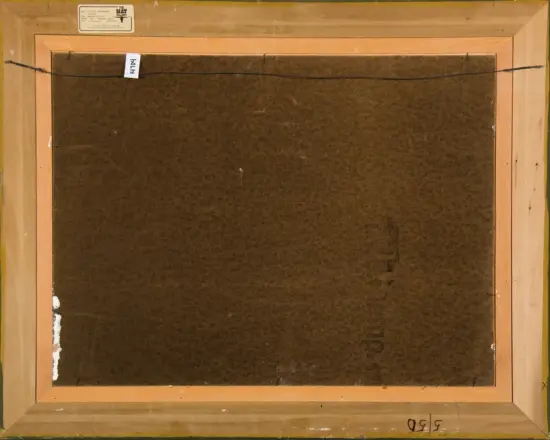 Back of a framed canvas with brown backing, wooden frame, and a hanging wire across the top; small label in the upper left corner and edge markings visible.