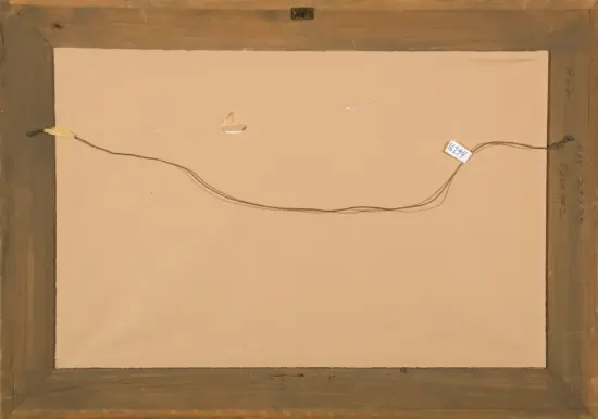 Back of a framed artwork showing a hanging wire, wooden frame, and small label/tag (number 16294).