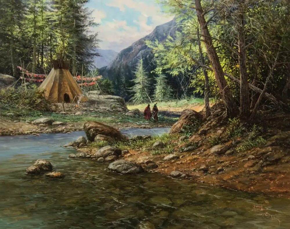A painted riverside campsite with a tipi and string of red banners, two people walking along the shore amid trees and mountains in the background.