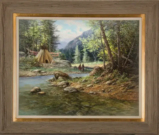 Landscape painting of a forest campsite with a tipi beside a river and distant mountains in a sunlit valley, framed.