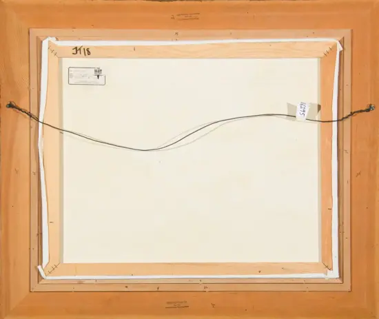 Back of a stretched canvas on a wooden frame, showing a braided hanging wire attached to both sides and paper labels on the back.