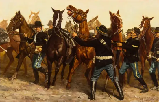 Cavalrymen on horseback charging forward in a dusty battlefield, with reins and bridles visible.