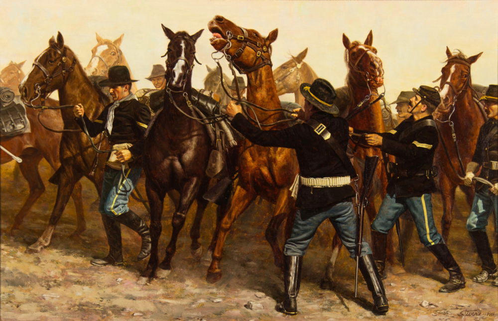 Scene of uniformed soldiers guiding multiple horses on a dusty battlefield, with reins and bits showing a tense moment in a 19th-century drill.