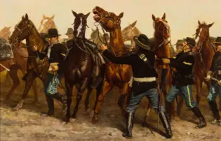 Cavalry soldiers on horseback in a dusty battlefield, charging forward with reins drawn and swords ready.