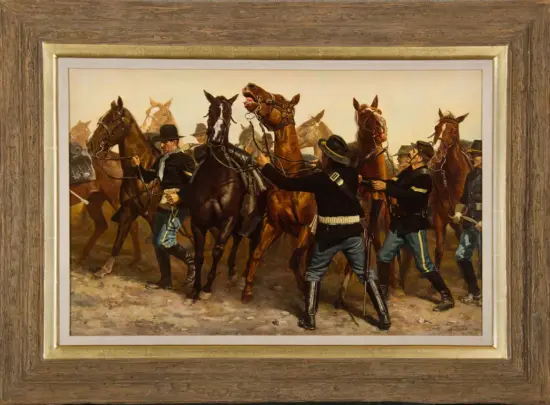 Oil painting of a cavalry charge: soldiers in dark uniforms restrain aggressive horses as they ride forward in a dusty field or street boundary framed by a wooden frame.