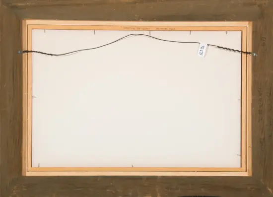 Back of a framed canvas with a twisted hanging wire attached to metal hooks on both sides