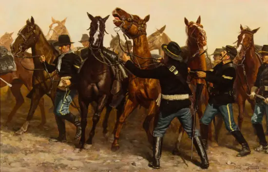 Cavalry soldiers on horseback in a dusty battlefield, charging forward with reins drawn and swords ready.