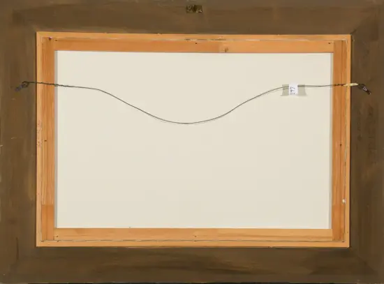 Back of a framed canvas with a wire hanging system across the top, showing the wooden frame and label tag on the right side.