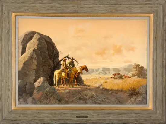 Painting of a western scene: three cowboys on horseback beside a rocky outcrop, watching cattle on a sunlit plain, within a wooden frame.