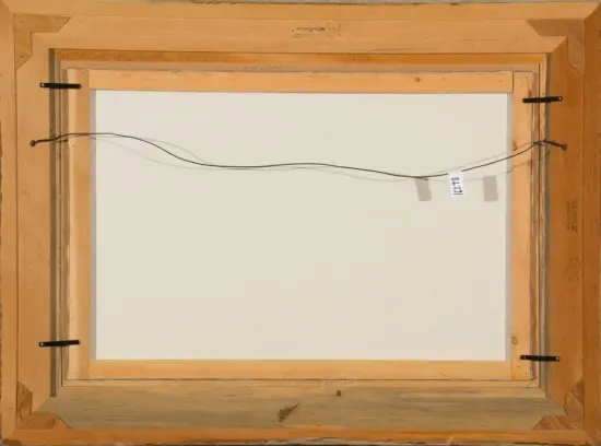 Back of a framed canvas: wooden stretcher bars, wire hanger across the middle, metal hooks on sides, blank cream canvas ready to hang