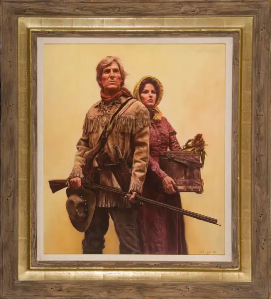 Frontier scene: a man in fringed jacket with a rifle and hat, and a woman carrying a wooden basket, against a pale yellow background.