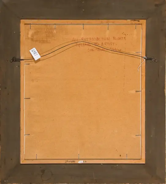 Back of a framed painting, showing two hanging wires across the back, a small tag, and handwritten notes along the top edge; weathered wooden frame surrounding a brown canvas.