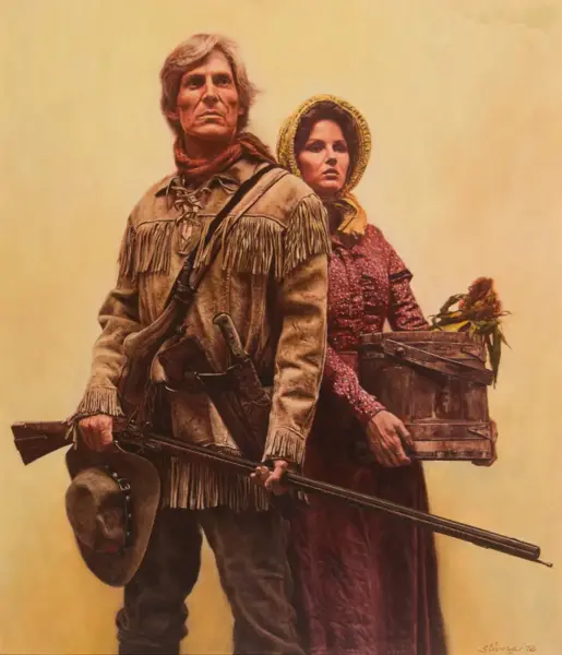 Frontier man in a fringed buckskin jacket with a rifle and hat, standing beside a woman in a bonnet who carries a wooden crate with flowers behind them.