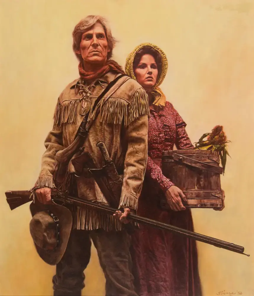 Frontier man in a fringed buckskin jacket with a rifle and hat, standing beside a woman in a bonnet who carries a wooden crate with flowers behind them.