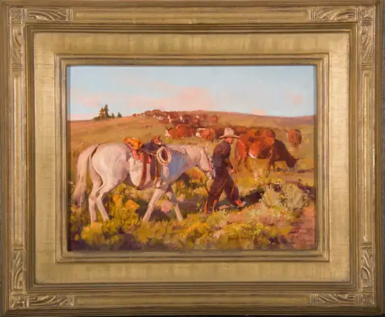 A cowboy leads a white horse across a sunlit prairie, with grazing horses in the background of an open field.