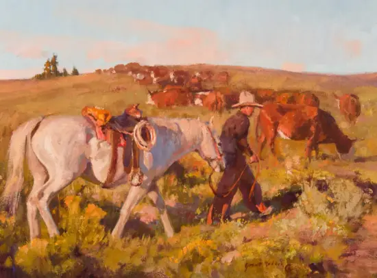 Cowboy walking beside a white horse in a sunlit prairie with a distant herd grazing.