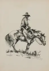 Rough ink sketch of a cowboy in a wide-brim hat riding a horse across a patch of grass.
