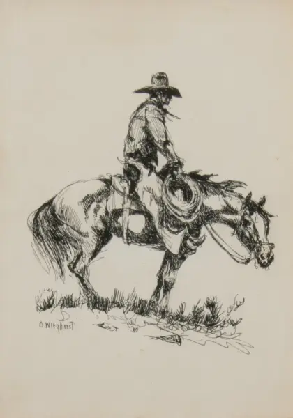 Rough ink sketch of a cowboy in a wide-brim hat riding a horse across a patch of grass.