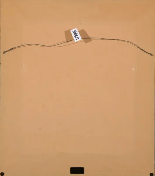 Back of a framed piece: wire runs across the top with a small white tag reading '1068' attached.