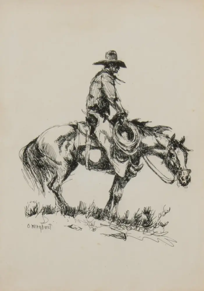 Rough ink sketch of a cowboy in a wide-brim hat riding a horse across a patch of grass.