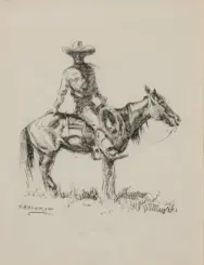 Line drawing of a cowboy wearing a wide-brim hat, seated on a saddled horse, holding the reins on a grassy patch