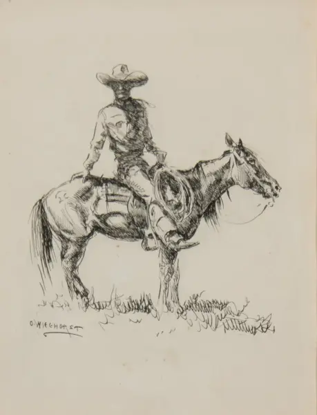 Line drawing of a cowboy wearing a wide-brim hat, seated on a saddled horse, holding the reins on a grassy patch