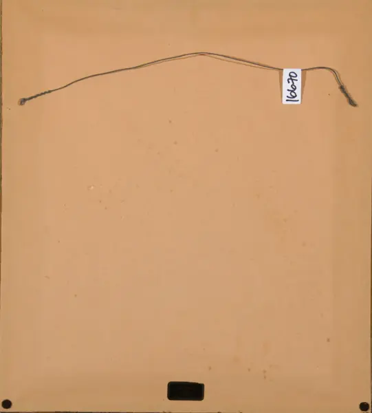 Reverse side of a framed artwork/poster with a hanging wire across the top and a white tag reading '1609' attached to the wire, tan backing visible throughout.