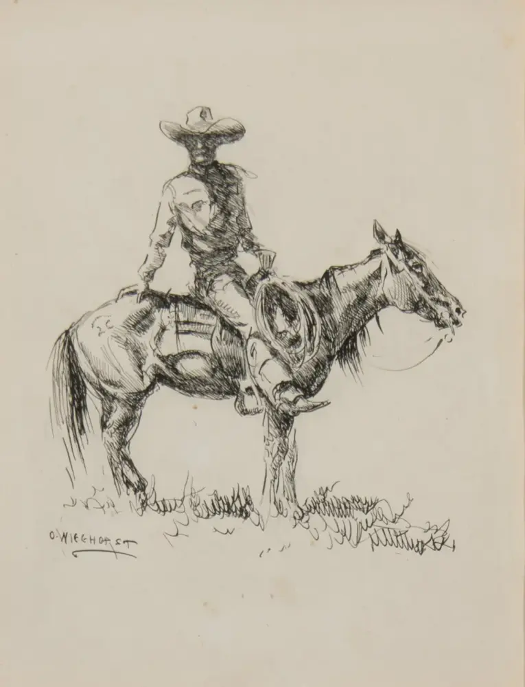 Line drawing of a cowboy wearing a wide-brim hat, seated on a saddled horse, holding the reins on a grassy patch