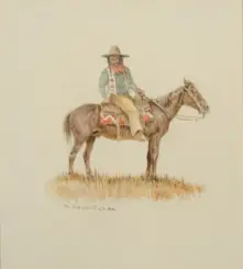 A cowboy in a wide-brimmed hat rides a brown horse across a grassy field, wearing a green shirt and scarf.
