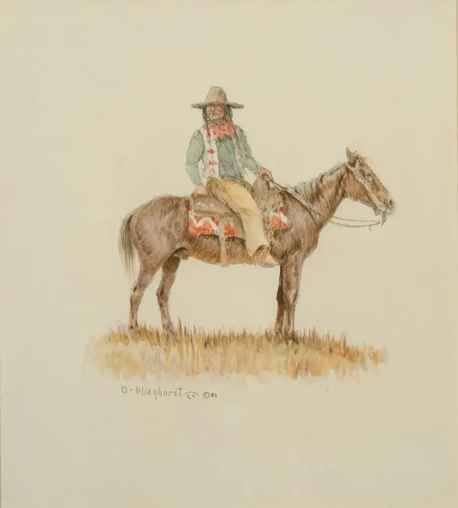 A cowboy in a wide-brimmed hat rides a brown horse across a grassy field, wearing a green shirt and scarf.