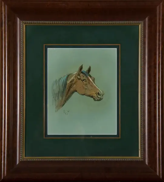 Framed illustration of a brown horse's head in profile against a green matting surface with gold accents on the mat.