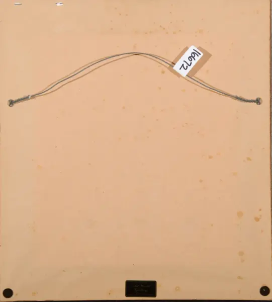 Back of a picture frame with a metal hanging wire looped between two screw eyes and a white tag reading 1622 attached to the wire