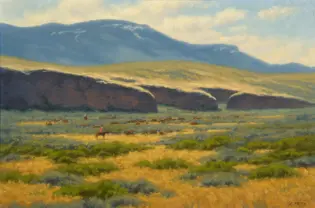 Impressionist landscape: open field with a herd of cattle and a rider, blue mountains in the distance under a pale sky, warm foreground.