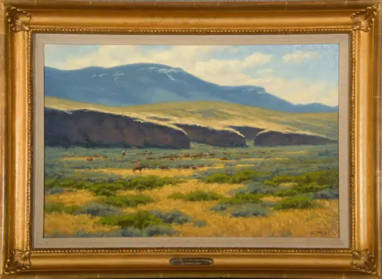 Framed landscape painting of rolling meadows with distant blue mountains and a herd of cattle grazing.