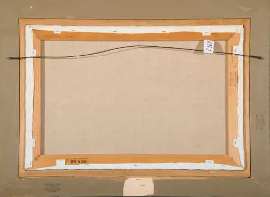 Back of a stretched canvas in a wooden frame, with a wire hanging across the top and labels on the sides.