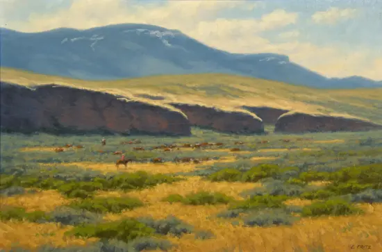 Impressionist landscape: open field with a herd of cattle and a rider, blue mountains in the distance under a pale sky, warm foreground.